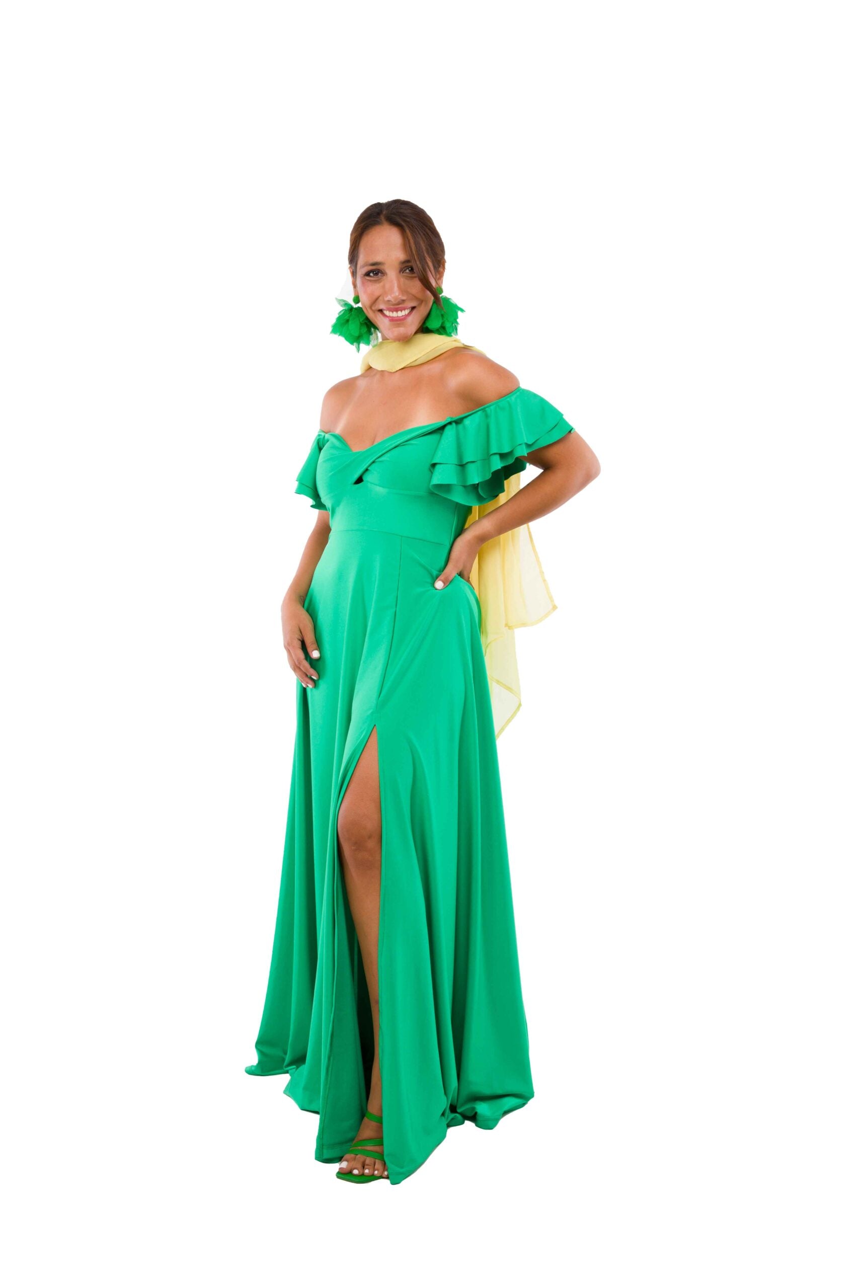 Vestido largo VERDE MANZANA con vuelos en los brazos talla L marca Super Down