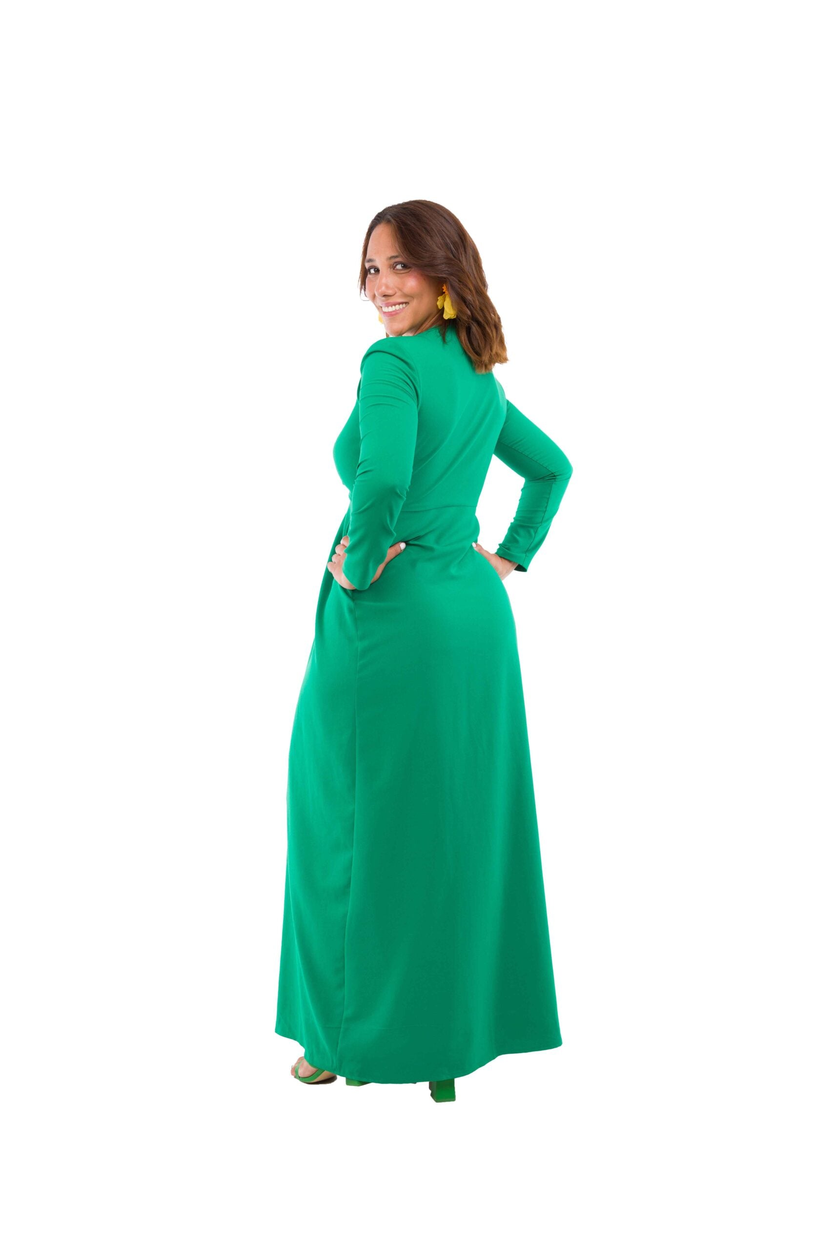 Vestido Largo Verde Eléctrico Manga Larga con Nudo en Escote