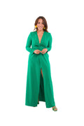 Vestido Largo Verde Eléctrico Manga Larga con Nudo en Escote
