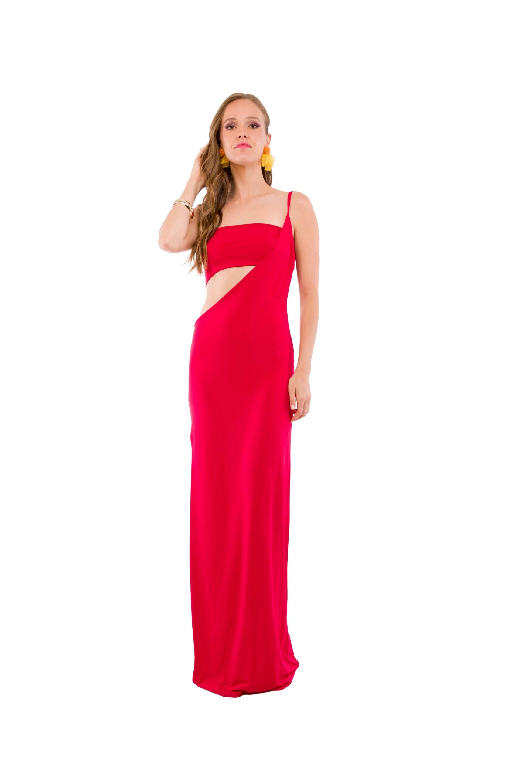 Vestido Largo de Lycra Rojo Italiano con Cut Out en la Cintura y Cruce al Hombro