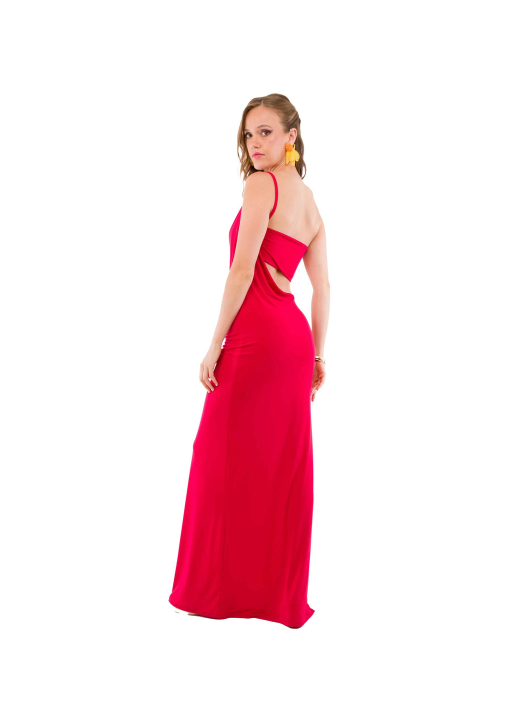 Vestido Largo de Lycra Rojo Italiano con Cut Out en la Cintura y Cruce al Hombro