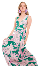 Vestido Largo Estampado Verde Oscuro con Flores Rosadas y Blancas