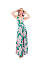 Vestido Largo Estampado Verde Oscuro con Flores Rosadas y Blancas