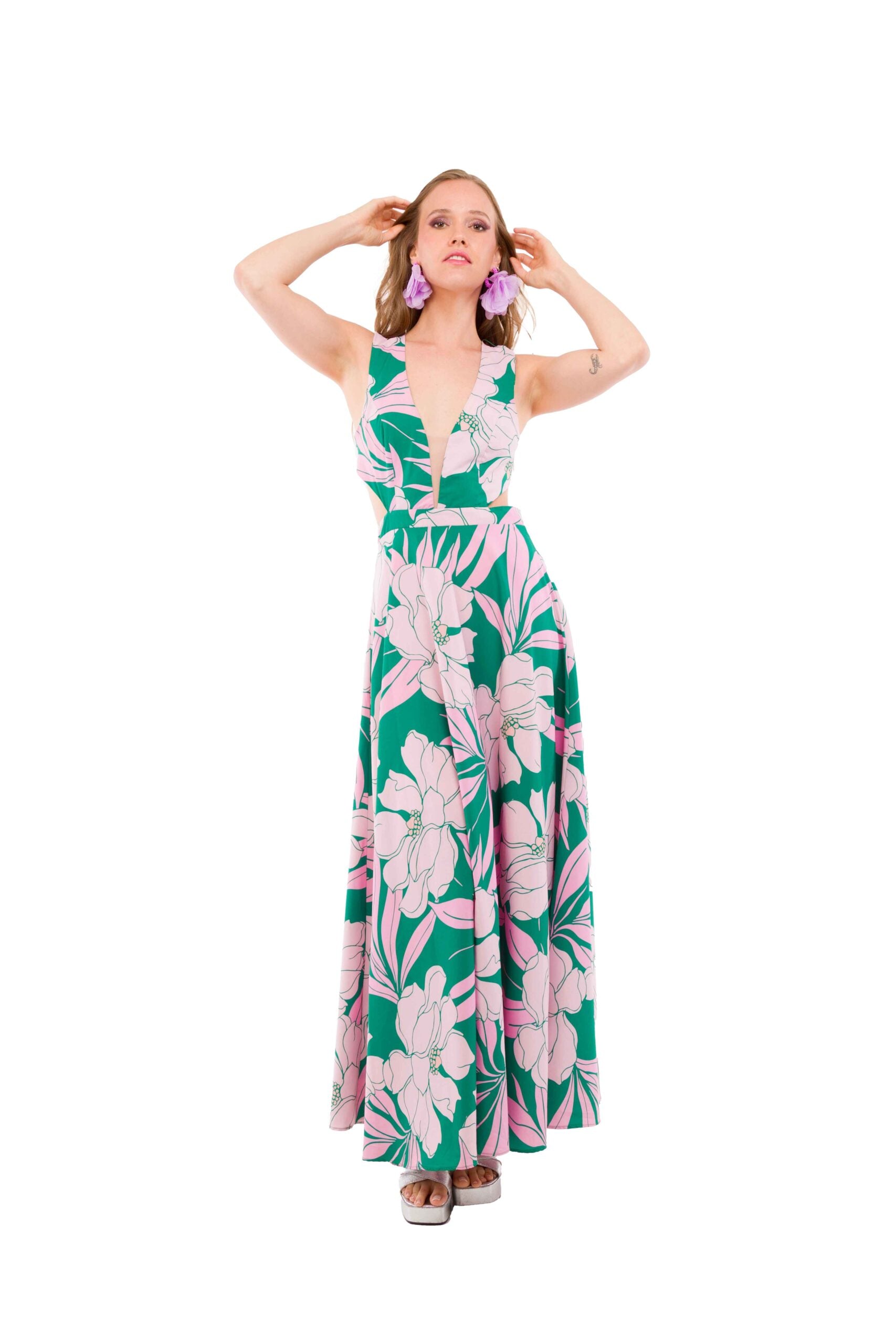 Vestido Largo Estampado Verde Oscuro con Flores Rosadas y Blancas