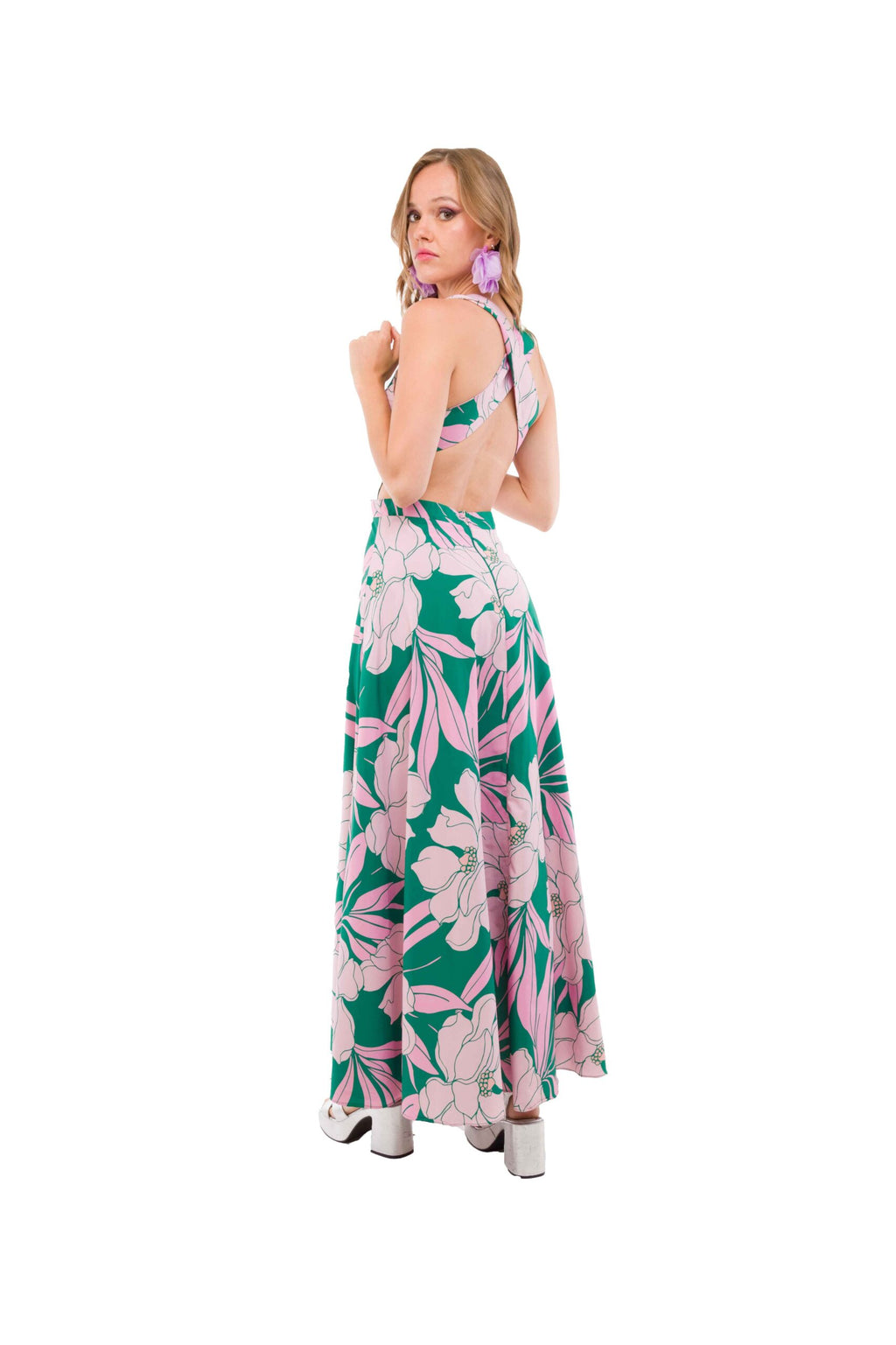 Vestido Largo Estampado Verde Oscuro con Flores Rosadas y Blancas