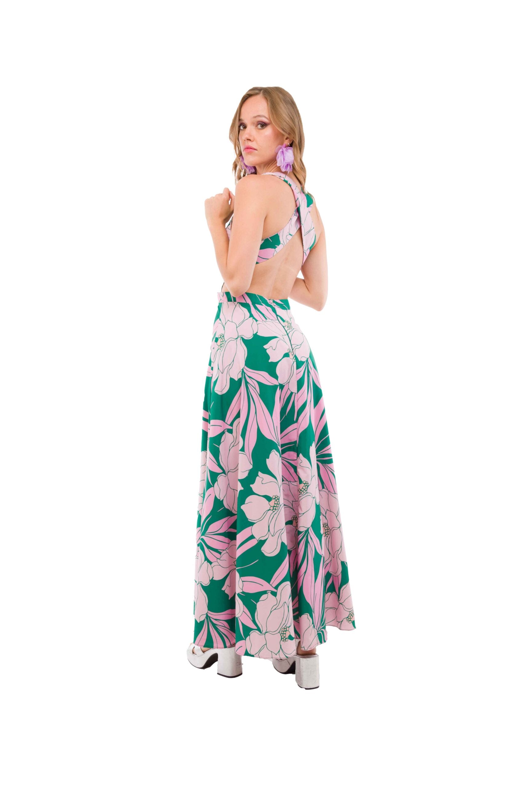Vestido Largo Estampado Verde Oscuro con Flores Rosadas y Blancas