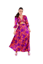 Conjunto de Dos Piezas, Top y Pollera Naranjo con Estampado de Flores Moradas