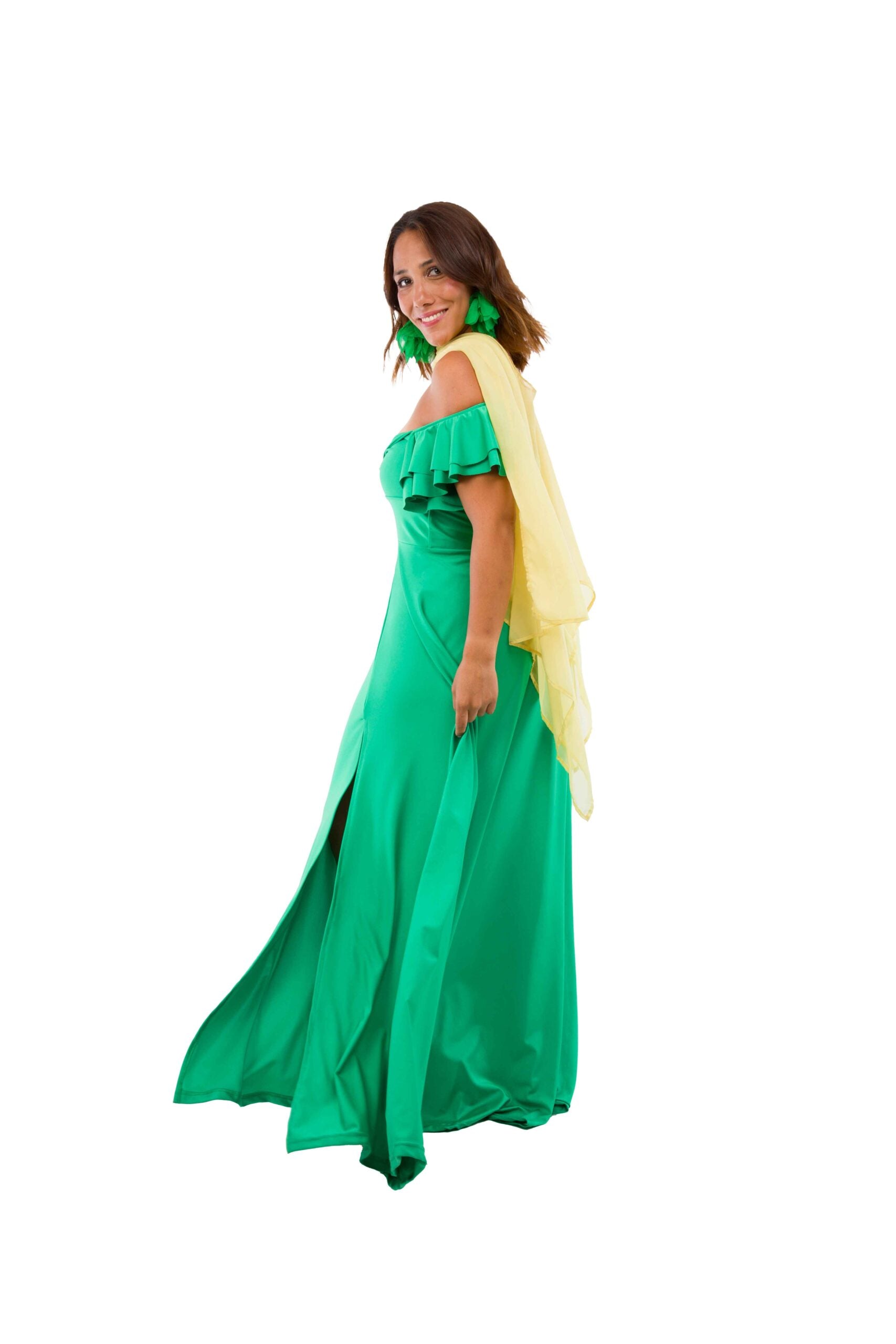 Vestido largo VERDE MANZANA con vuelos en los brazos talla L marca Super Down