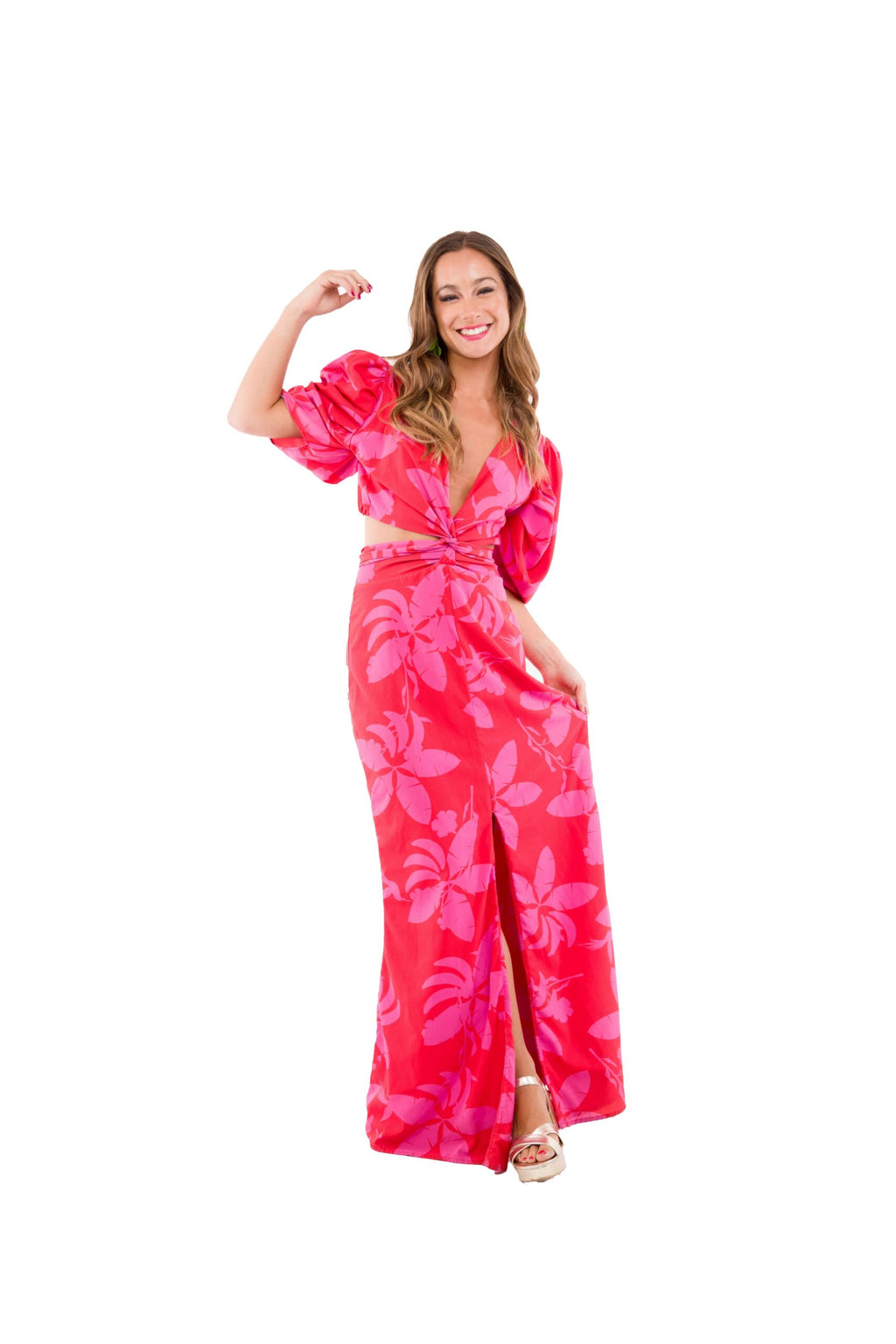 Conjunto de Dos Piezas, Top y Pollera  Anaranjado y Fucsia Marca Mar a Mar
