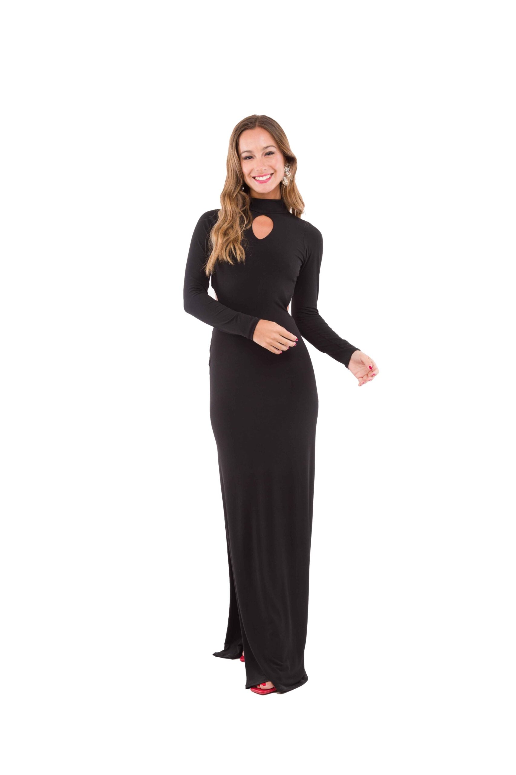 Vestido Largo de Lycra Negro Manga Larga, Espalda Descubierta y Cuello Alto