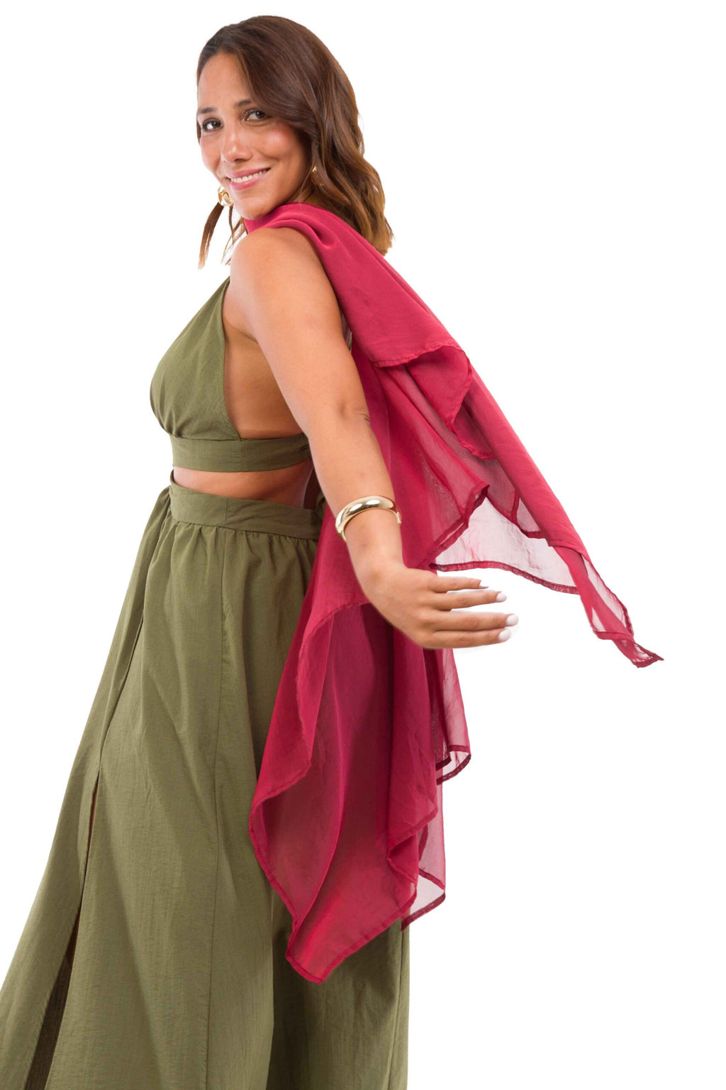Vestido Largo Verde Olivo Tela Gruesa Cut Out con Argolla en Cintura y Amarre en Espalda