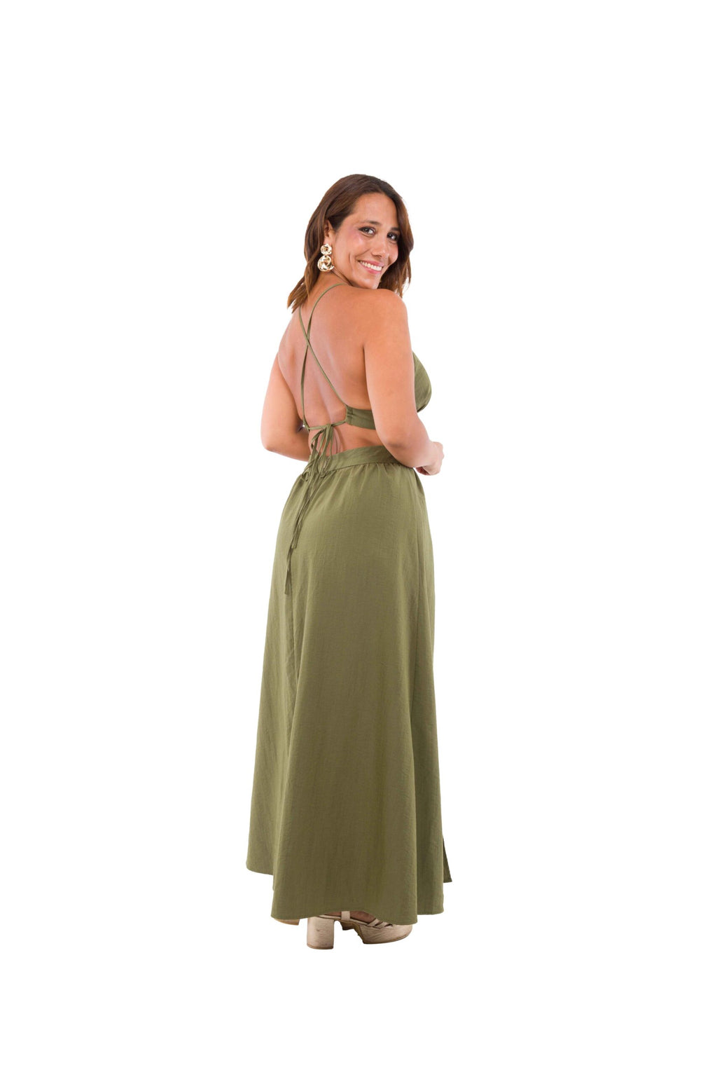 Vestido Largo Verde Olivo Tela Gruesa Cut Out con Argolla en Cintura y Amarre en Espalda