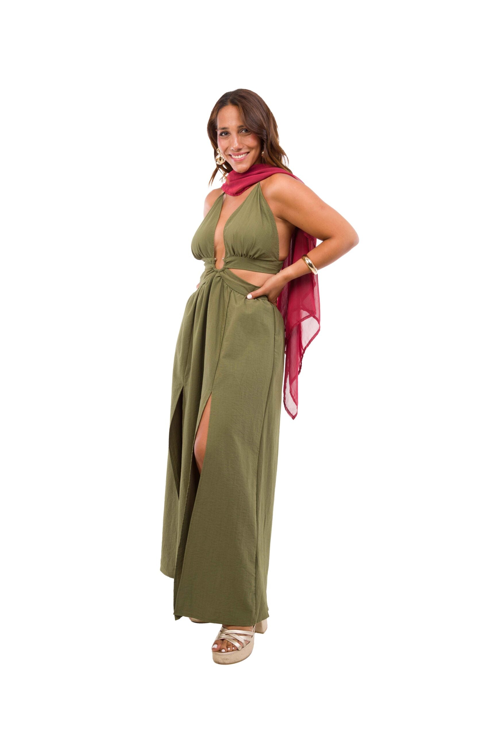 Vestido Largo Verde Olivo Tela Gruesa Cut Out con Argolla en Cintura y Amarre en Espalda