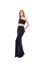 Vestido Largo un Hombro Negro con Brillos Azules y Corte en Cintura