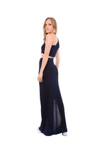 Vestido Largo un Hombro Negro con Brillos Azules y Corte en Cintura
