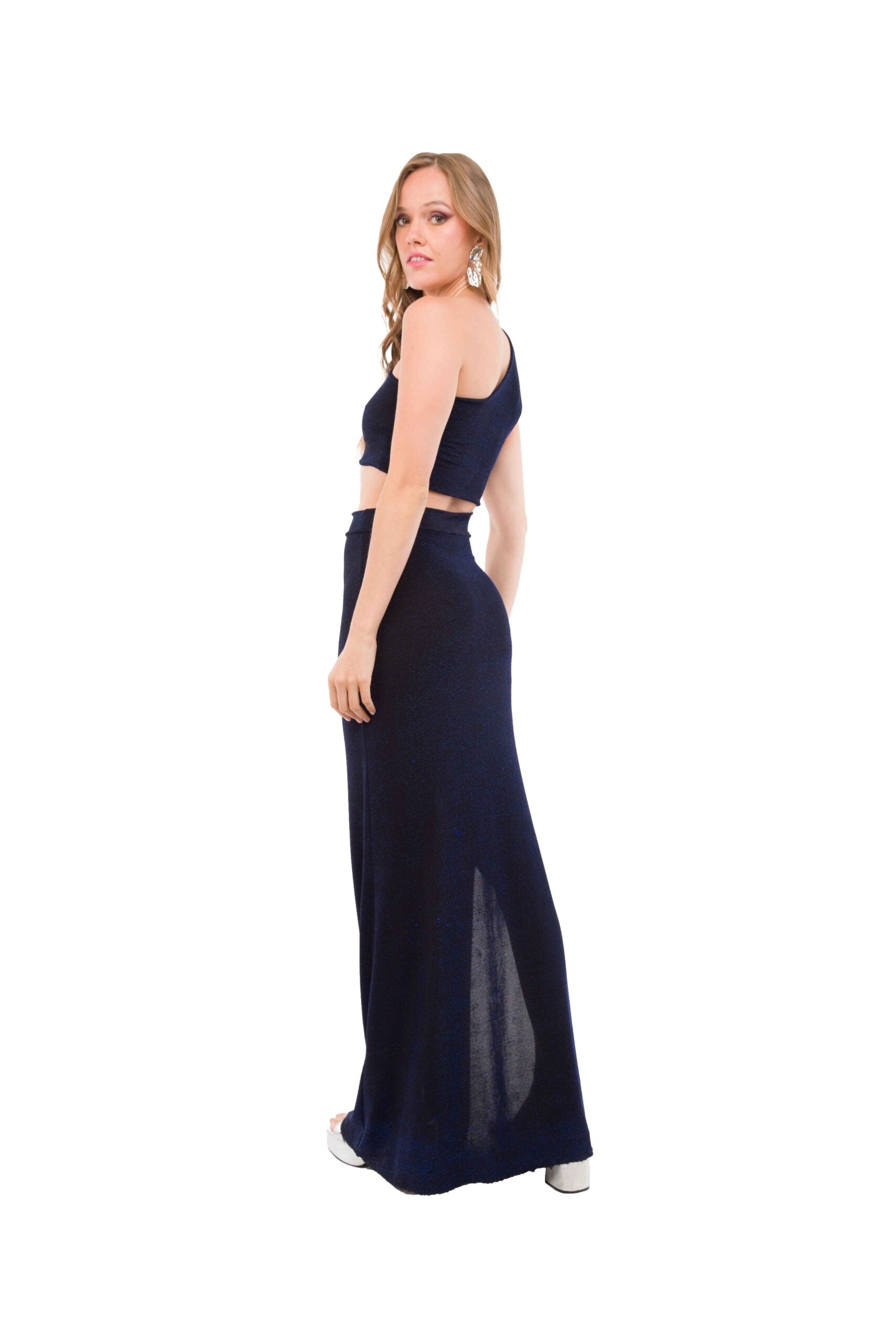 Vestido Largo un Hombro Negro con Brillos Azules y Corte en Cintura