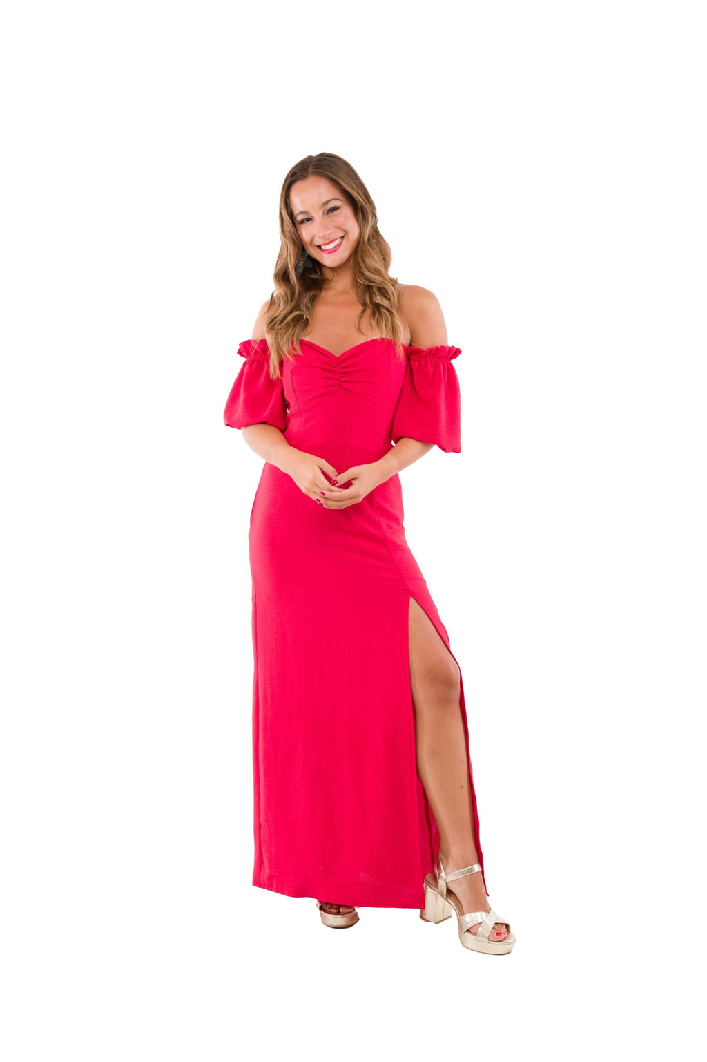 Vestido Largo Rojo con Manguitas Aglobadas Escote Corazón