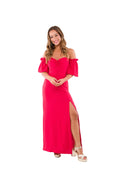 Vestido Largo Rojo con Manguitas Aglobadas Escote Corazón