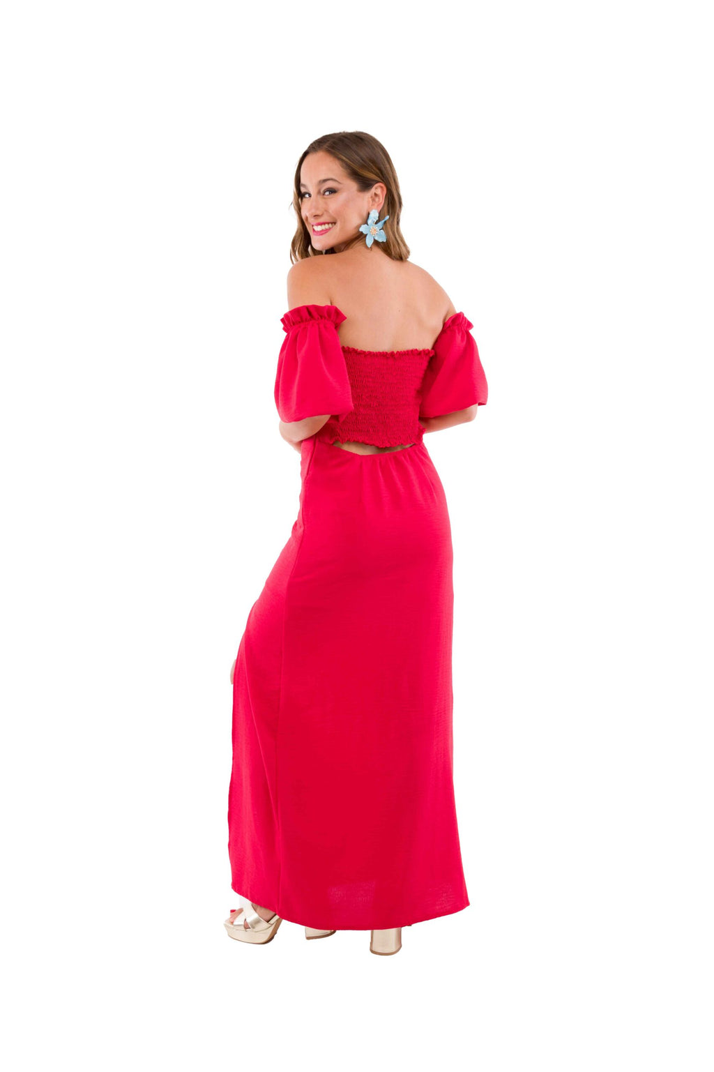 Vestido Largo Rojo con Manguitas Aglobadas Escote Corazón