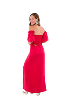 Vestido Largo Rojo con Manguitas Aglobadas Escote Corazón
