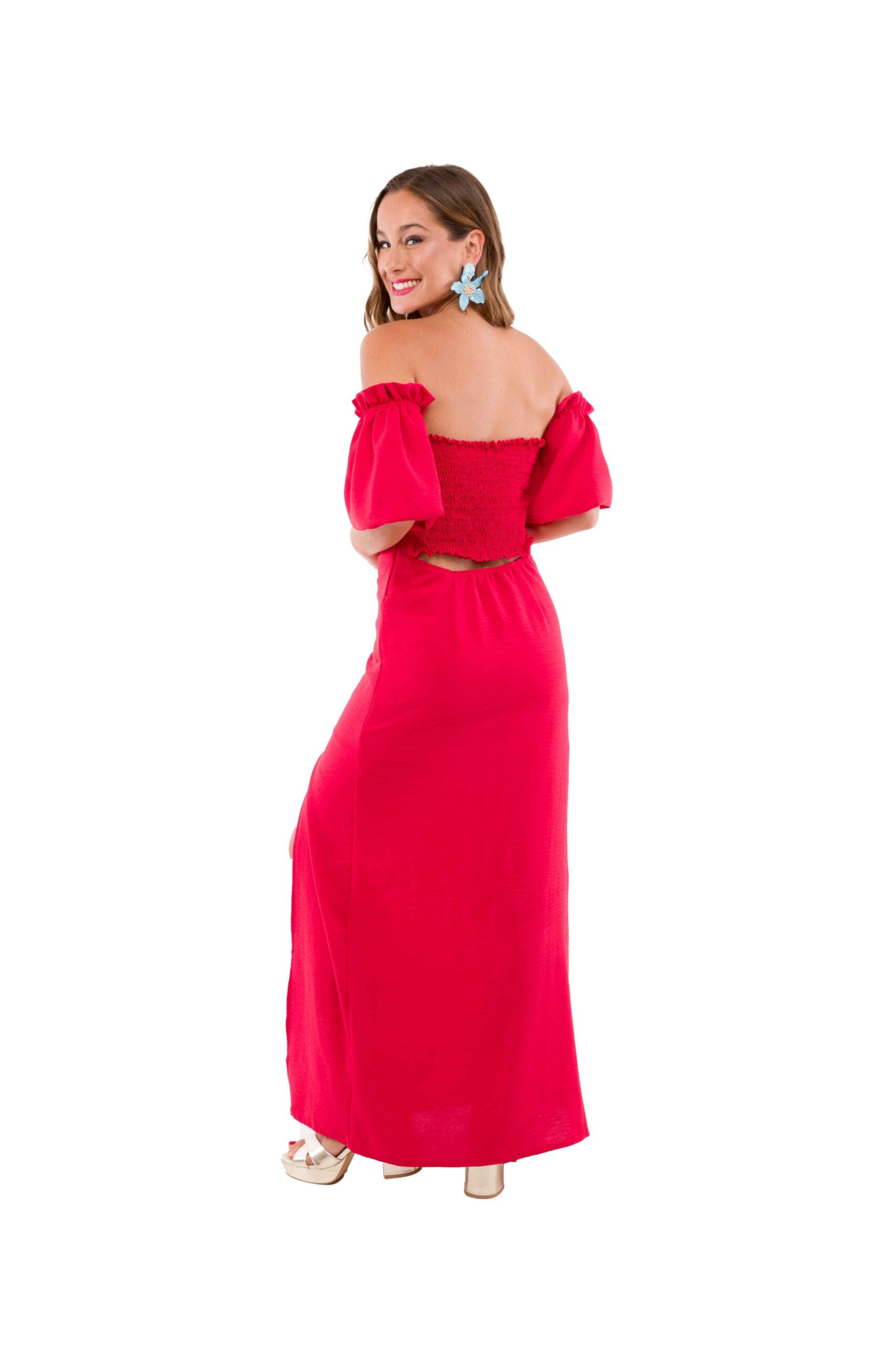 Vestido Largo Rojo con Manguitas Aglobadas Escote Corazón