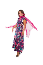 Vestido Largo de Lycra Estampado de Hojas de Colores con Manguitas Escote en V