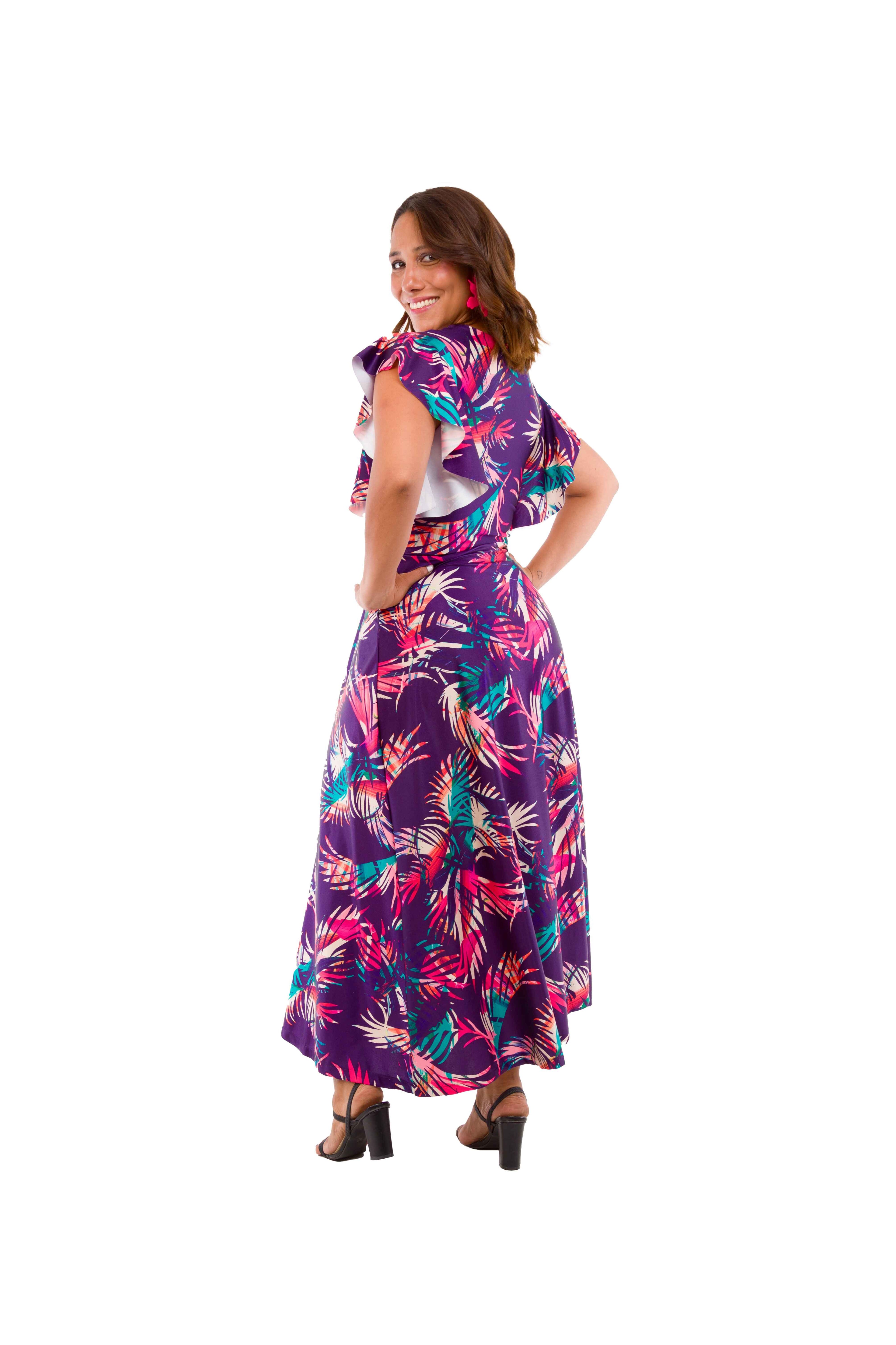Vestido Largo de Lycra Estampado de Hojas de Colores con Manguitas Escote en V