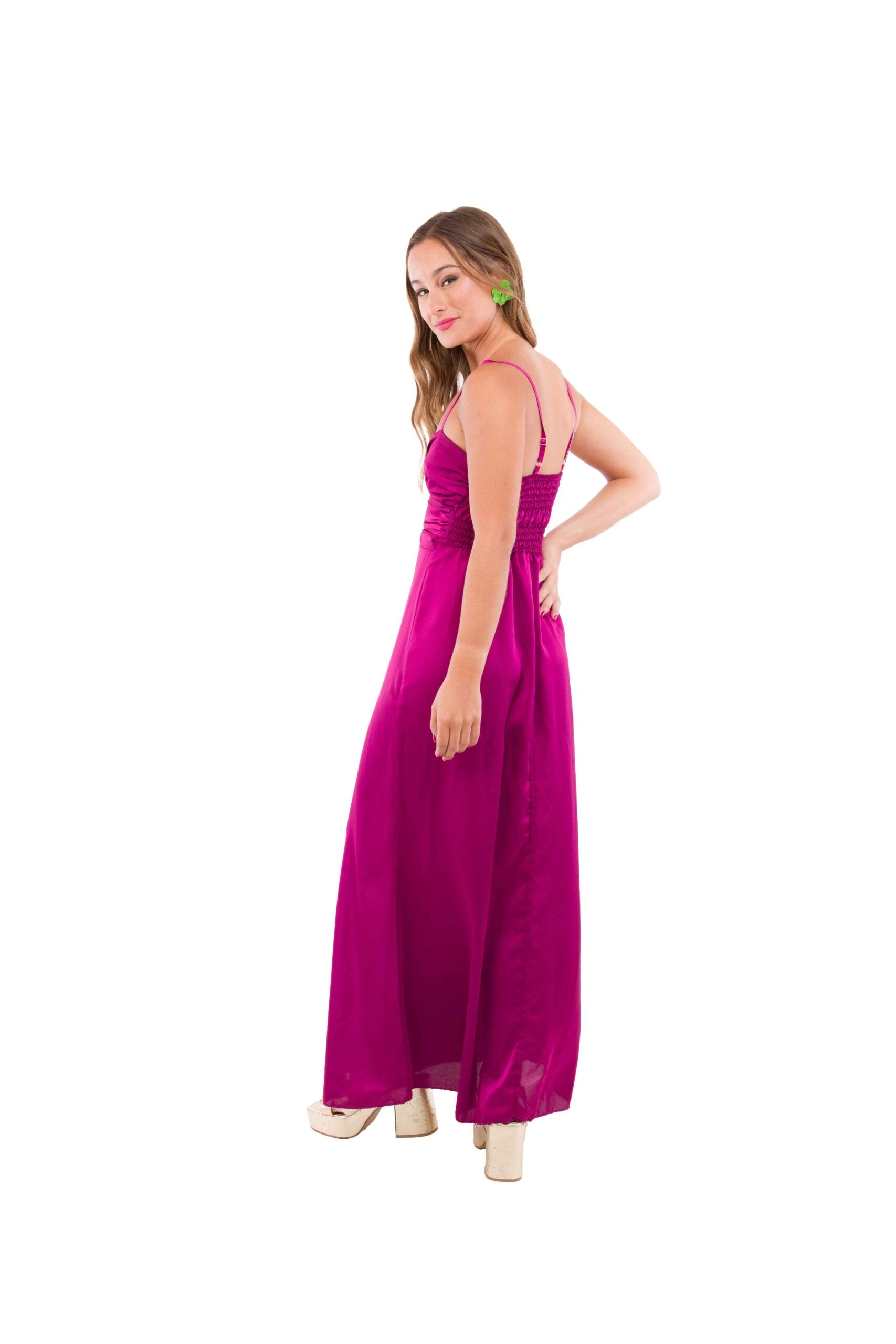 Vestido Largo Burdeo de Seda con Pabilos