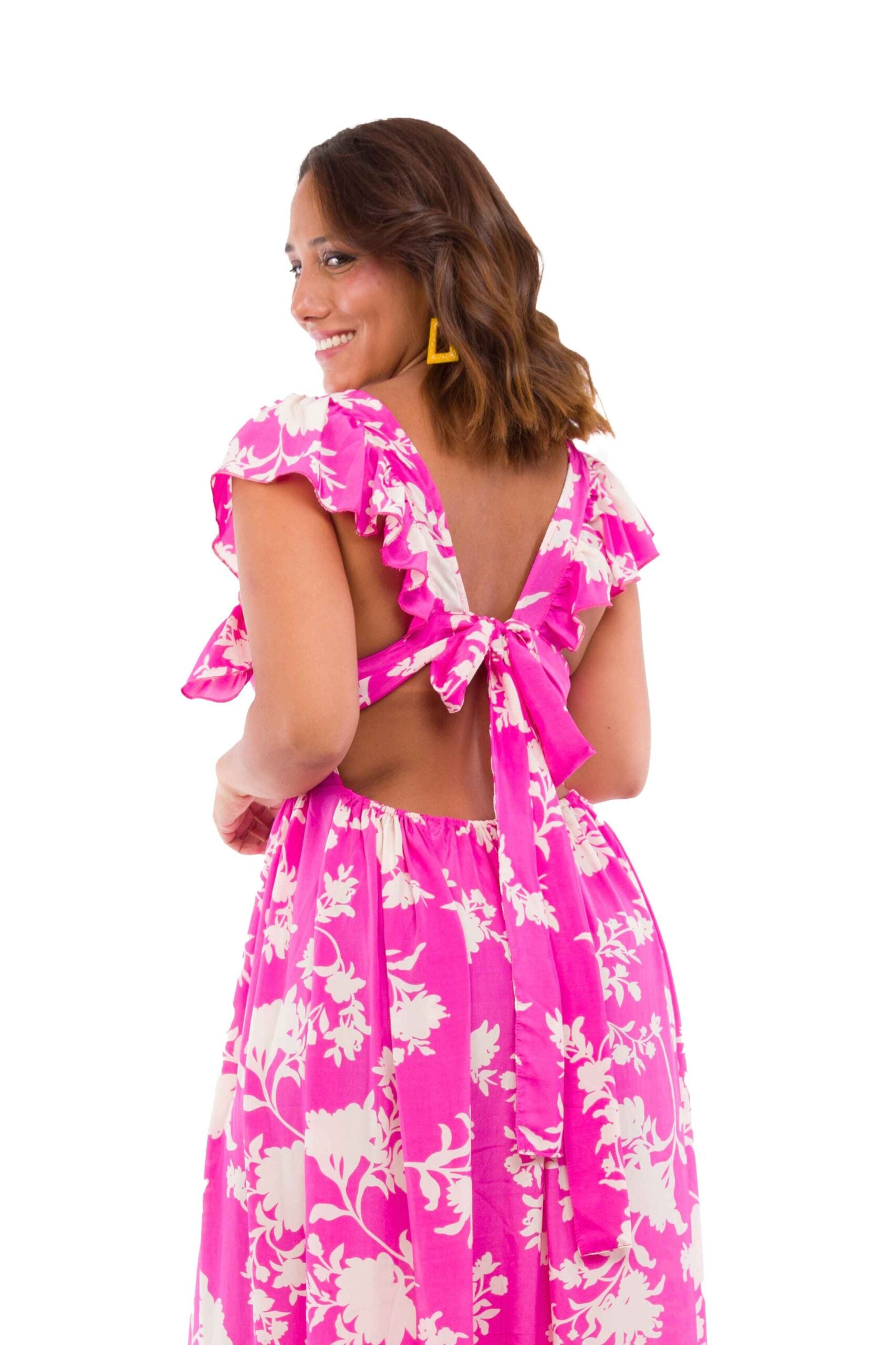 Vestido Largo Blanco con Flores Fucsia Marca Pippa Talla L-XL