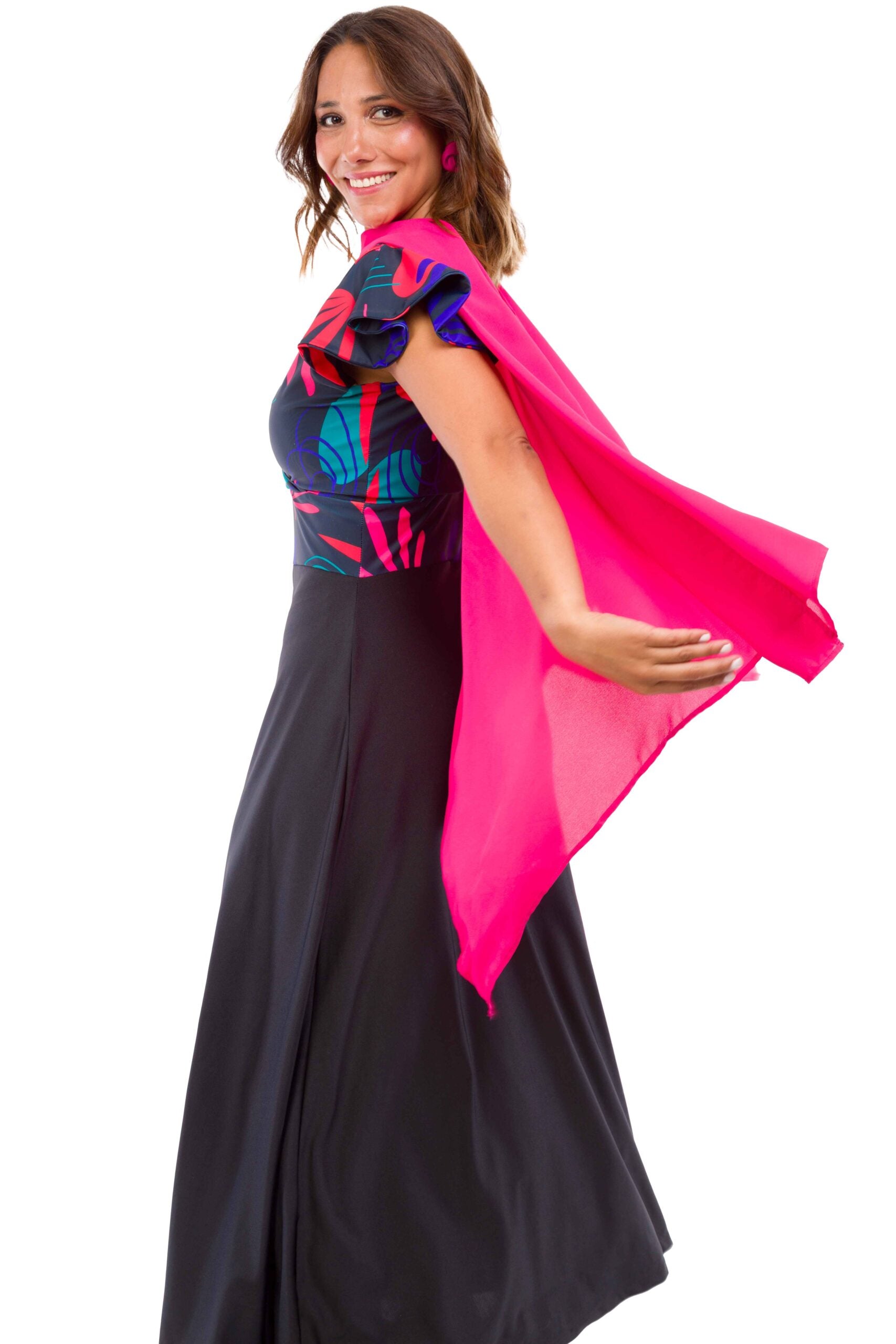 Vestido Largo Negro con Flores Rojas y Azules