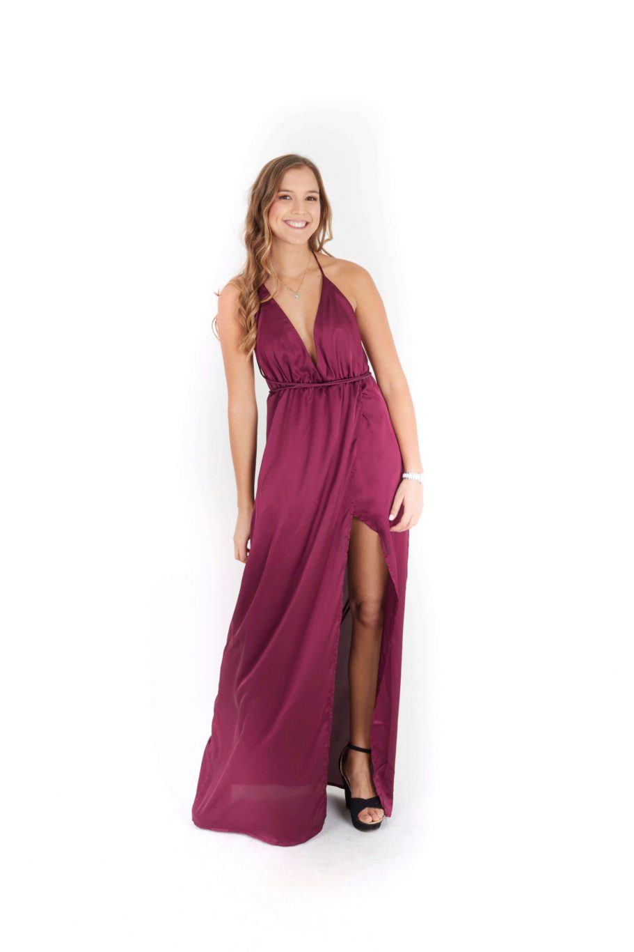 Vestido color vino de seda largo