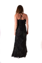 Arriendo de Vestido negro con lentejuelas plateadas espalda cruzada largo