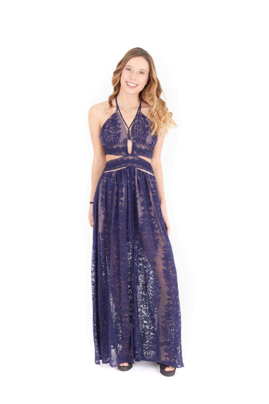 Vestido azul con encaje y transparencia DEBUT