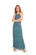 Arriendo de Vestido cuello halter celeste con flores burdeo y beige largo