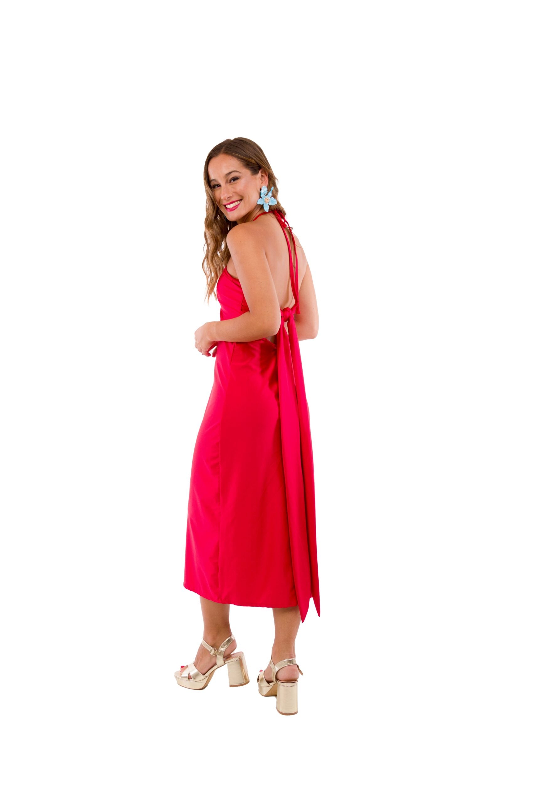 Vestido Midi Rojo Italiano de Lycra con Tiritas al Cuello