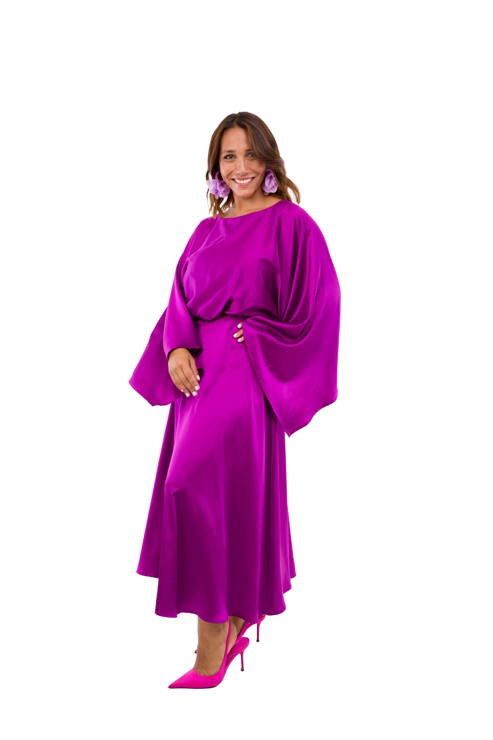 Vestido Largo Morado Intenso con Mangas y Abertura en Espalda