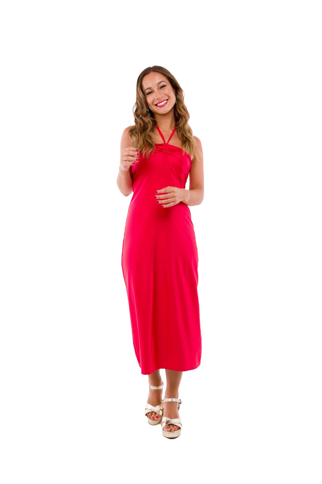 Vestido Midi Rojo Italiano de Lycra con Tiritas al Cuello