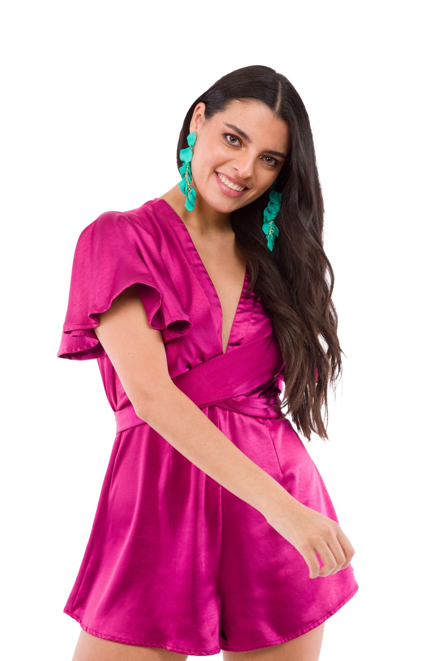 Enterito Corto Color Magenta de Seda con Manguitas y Cinta Atrás