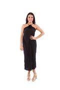 Vestido Negro Plizado con Flor en Cuello Midi