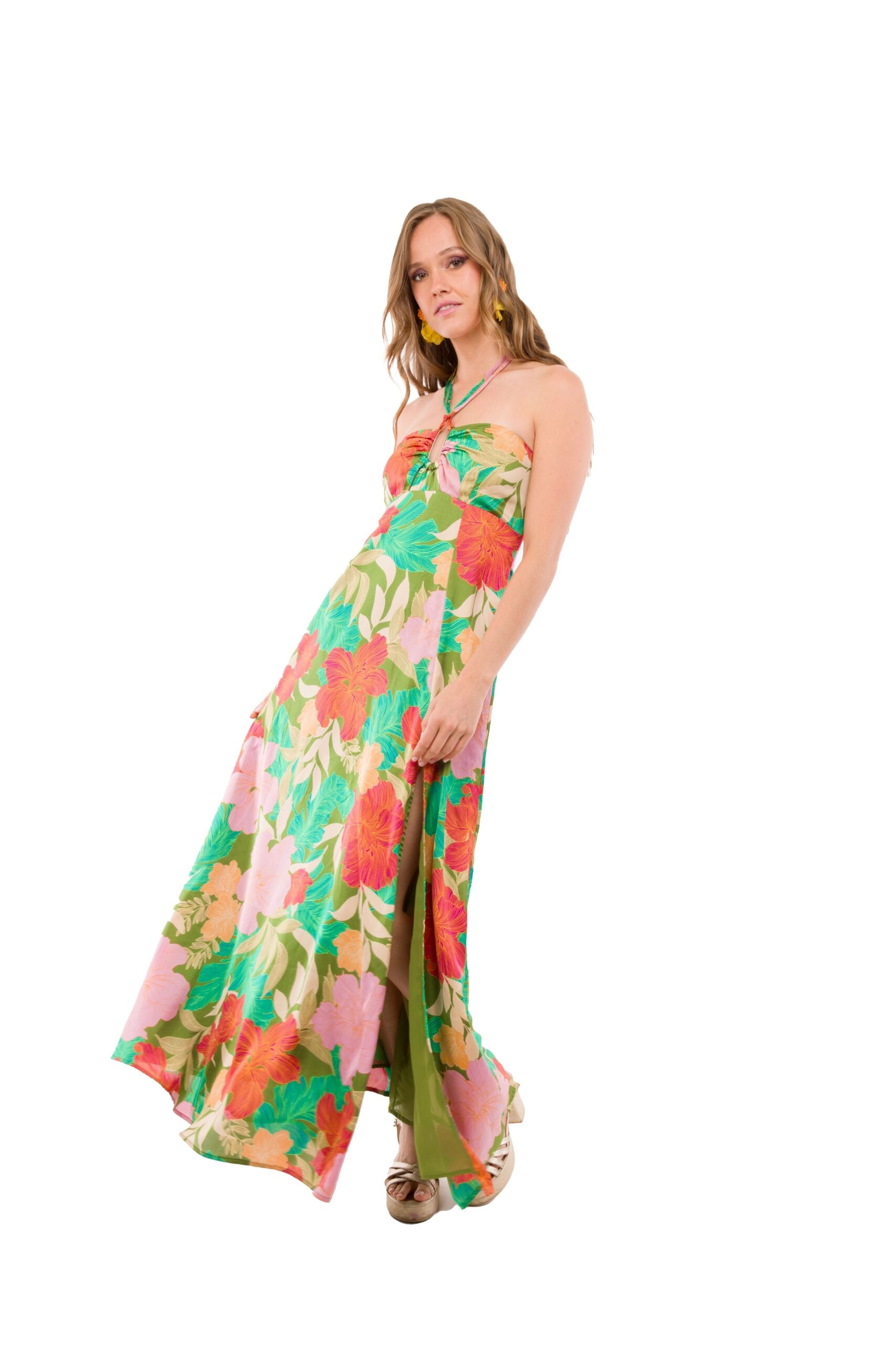 Vestido Largo con Flores Naranjas Rojas Terracota Verdes Strapless con Tiras Ajustables al Cuello