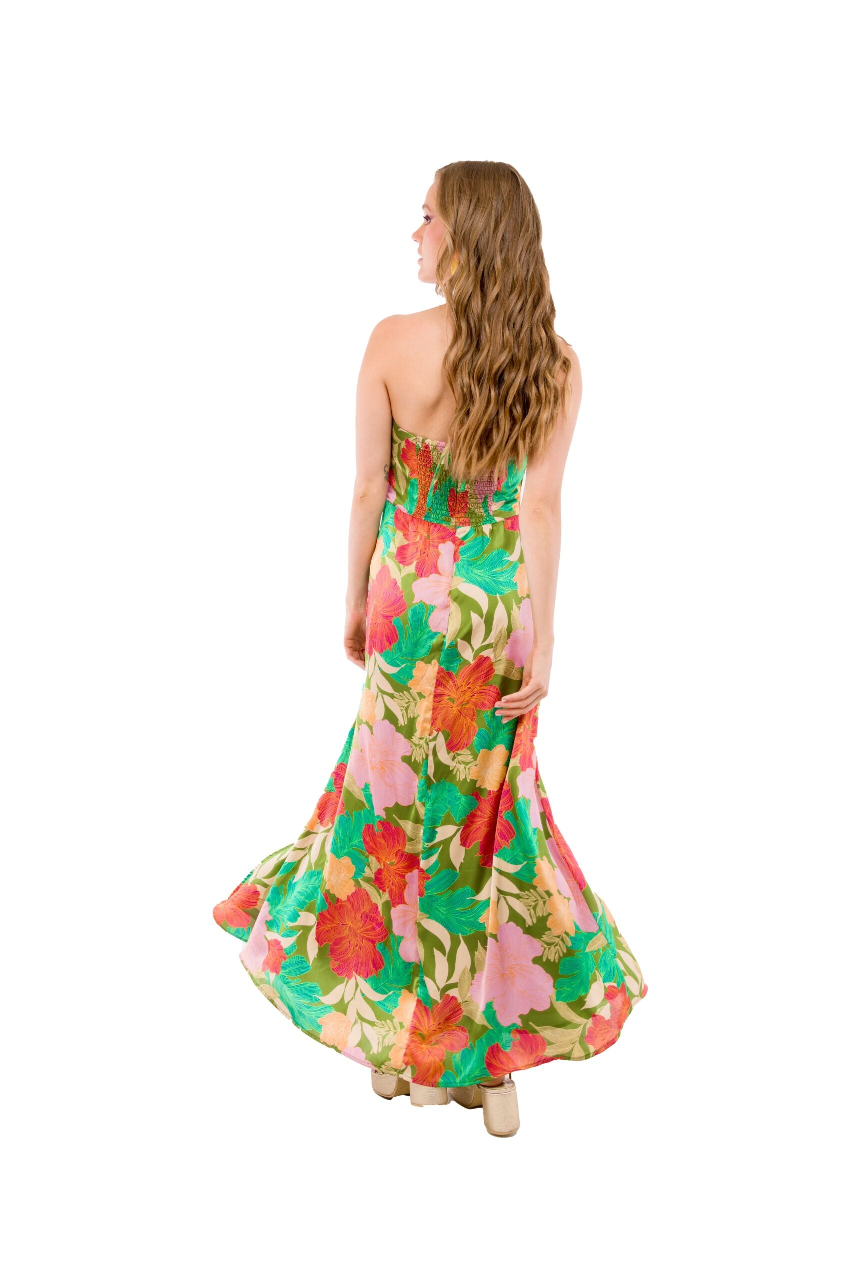 Vestido Largo con Flores Naranjas Rojas Terracota Verdes Strapless con Tiras Ajustables al Cuello