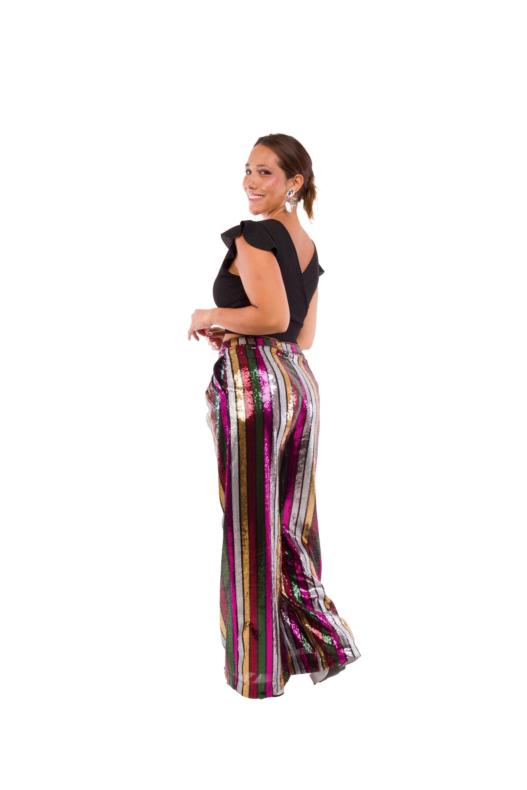 Conjunto de Dos Piezas, Top Negro con Manguitas y Pantalón con Muchas Lentejuelas
