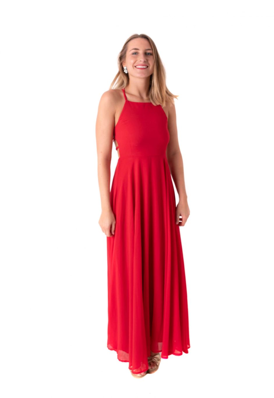 Arriendo de Vestido rojo cuello halter espalda con tiras cruzadas largo