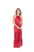 Arriendo de Vestido rojo burdeo largo de seda con estampado leopardo