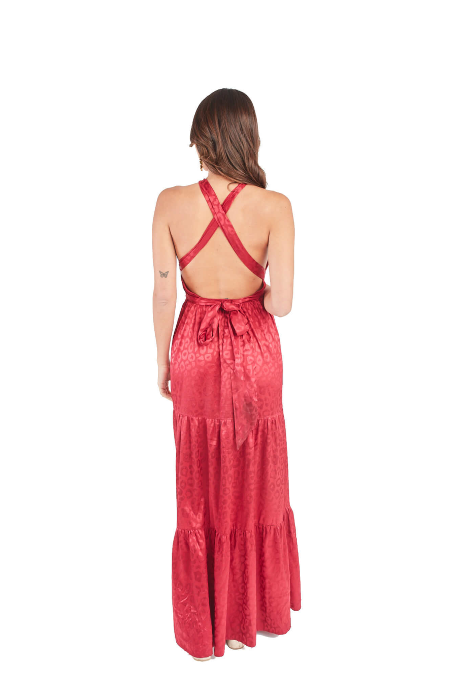 Arriendo de Vestido rojo burdeo largo de seda con estampado leopardo