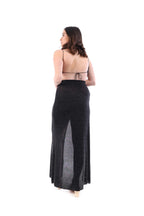 Arriendo de Vestido largo negro con brillos con amarre en espalda y elástico negro