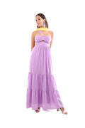 Arriendo de Vestido largo lila con vuelos en ruedo y strapless con una tirita en hombro