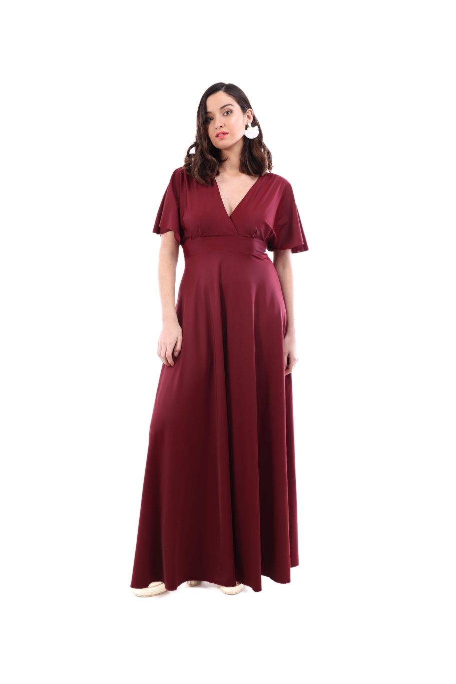 Arriendo de Vestido largo burdeo con mangas de lycra brillante