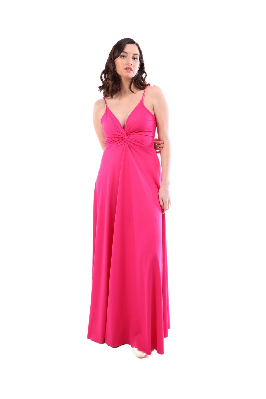 Arriendo de Vestido largo con nudo en escote fucsia oscuro