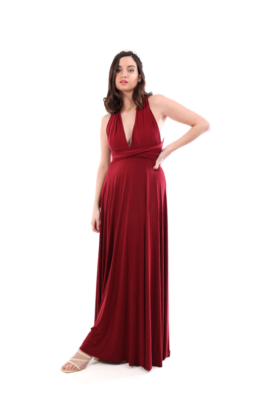 Arriendo de Vestido largo multiforma lycra pesada burdeo